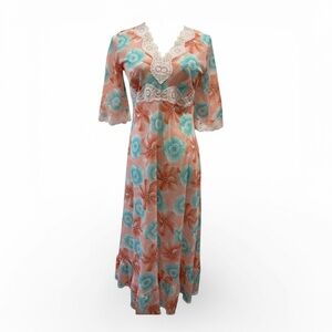 Vintage 1970s Floral Lace-Trim Maxi Dress Peach Aqua Sheer